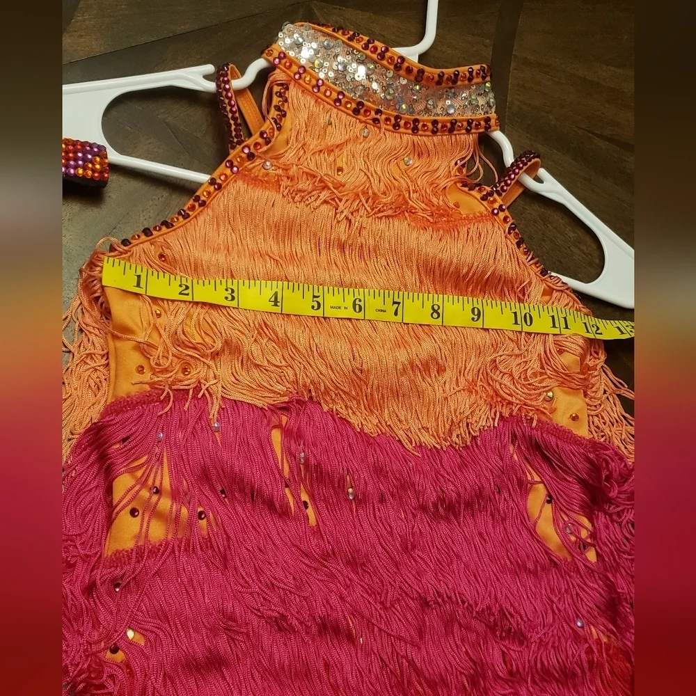 Weissman Fringe Dance Costume for Kids - Orange, Pink, and Red Size LC